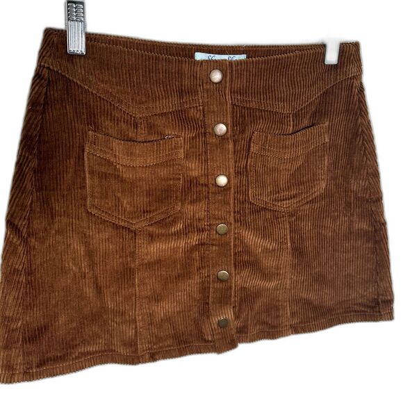 She + Sky Brown Corduroy Mini Skirt | Button Front Pocket Style | Size Small - Picture 1 of 7